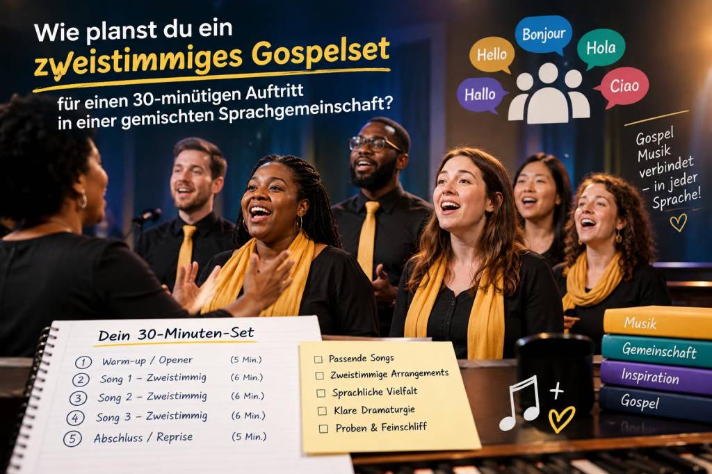 Wie planst du ein zweistimmiges gospelset für einen 30‑minütigen auftritt in einer gemischten sprachgemeinschaft